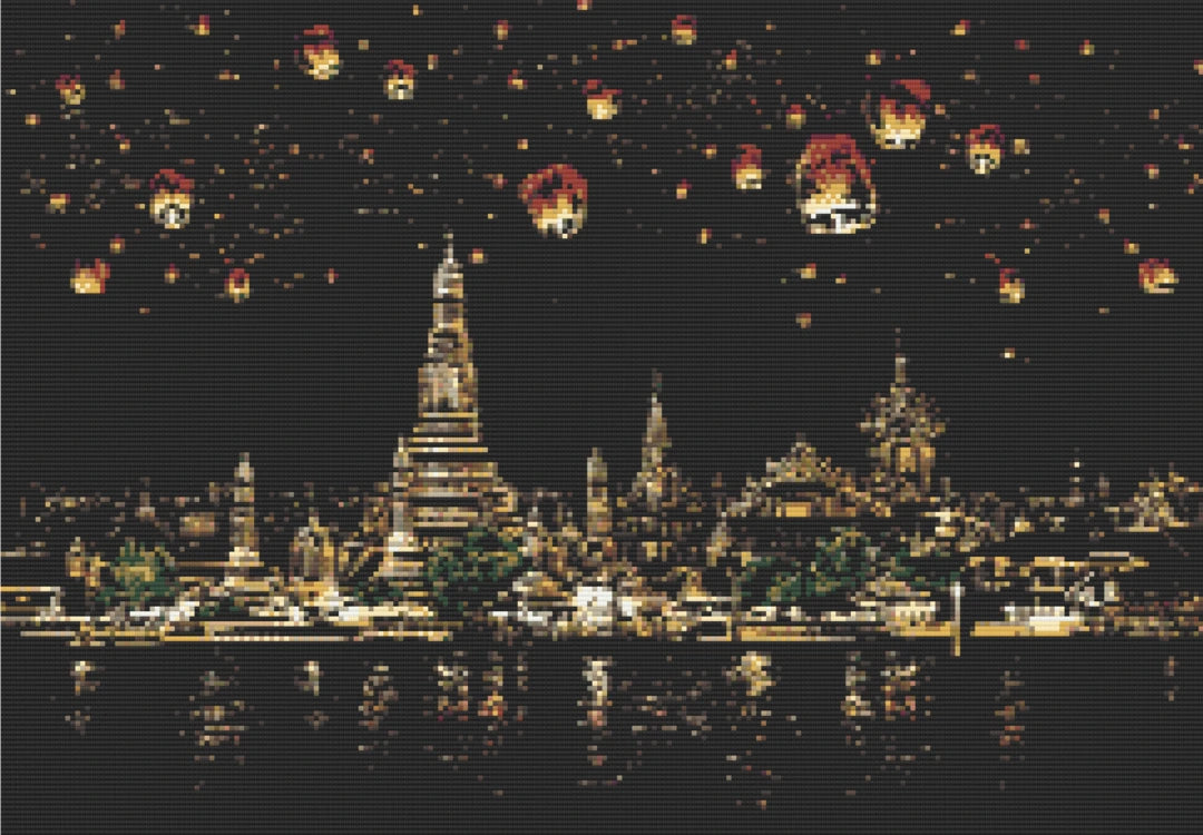 Lantern-lit Cityscape artwork shown as a completed diamond painting preview