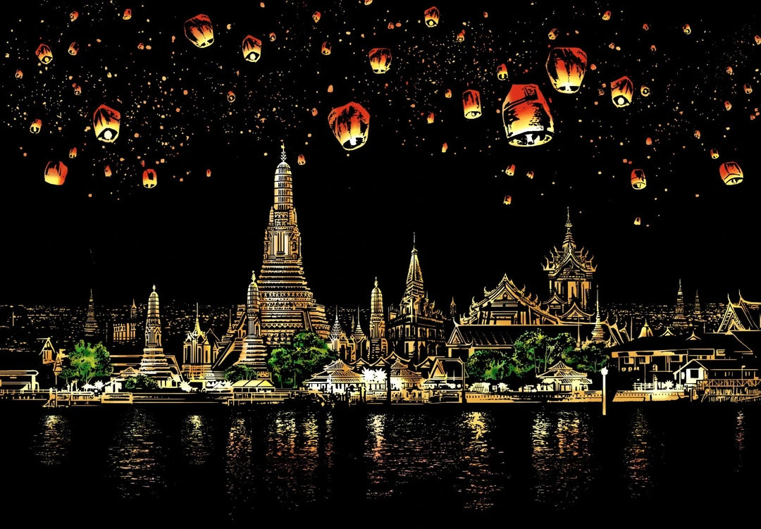 Stylized nighttime cityscape featuring ornate temple architecture beside a river in nighttime waterfront