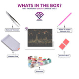 Lantern-lit Cityscape diamond painting canvas with tweezers, applicator pen, tray, wax and coloured drills
