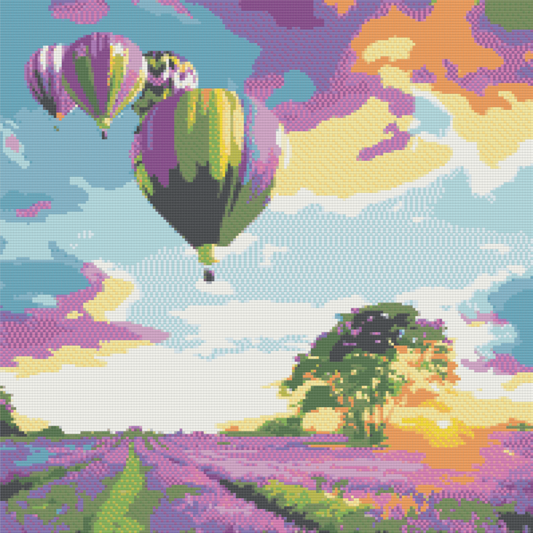 Lavender Fields artwork shown as a completed diamond painting preview