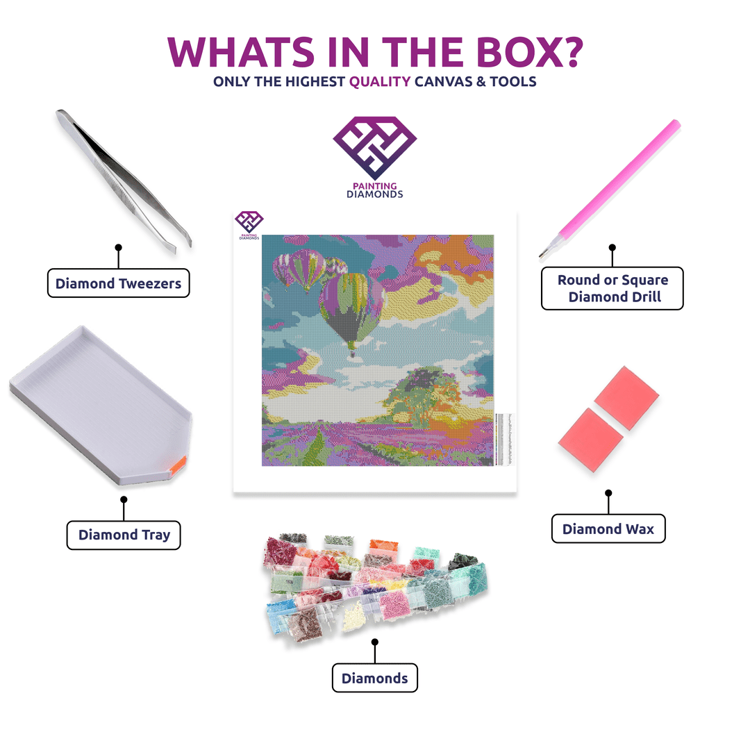 Lavender Fields diamond painting kit contents shown together