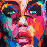 Close-up depiction of a human face Facing forward with eyes directed toward the viewer and lips slightly parted
