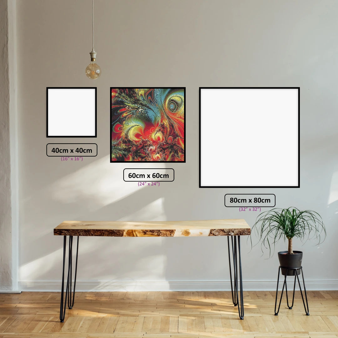 Psychedelic Color Burst diamond painting displayed in a room setting