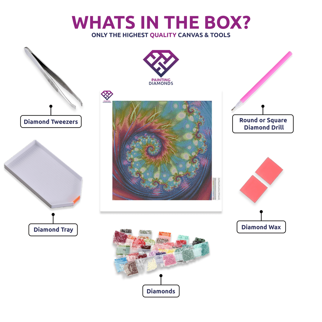 Rainbow Kaleidoscope diamond painting kit contents shown together