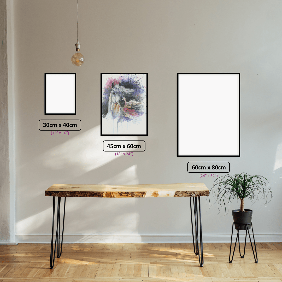 Splashed Equine Spirit diamond painting displayed in a room setting