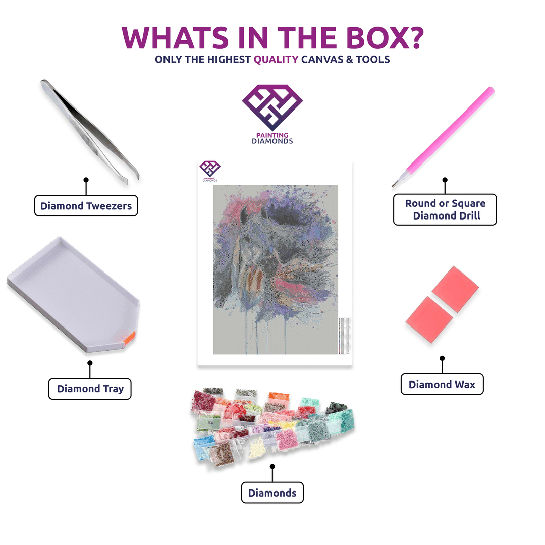 Splashed Equine Spirit diamond painting kit contents shown together