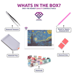 Starry Night diamond painting kit contents shown together