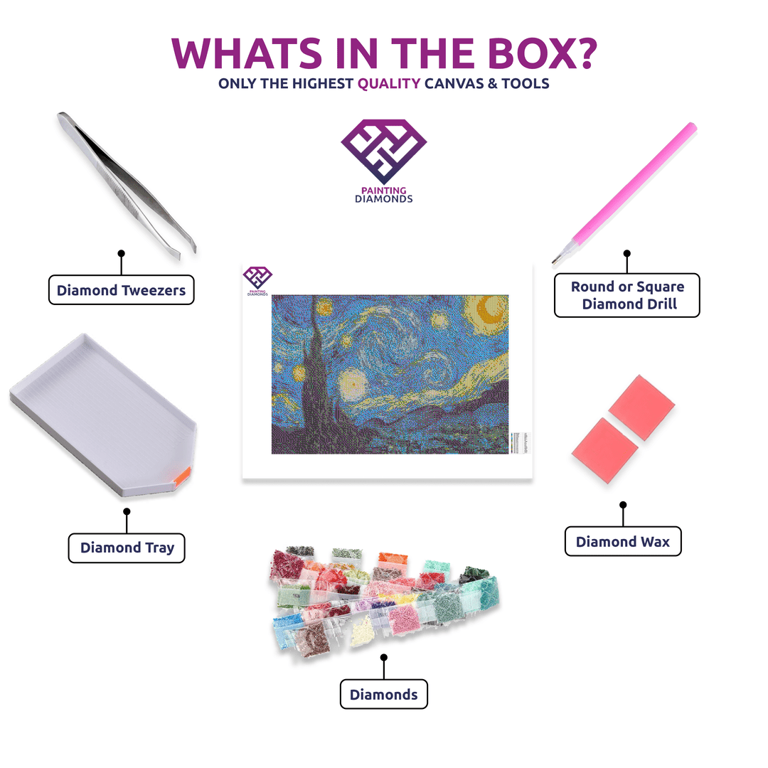 Starry Night diamond painting kit contents shown together