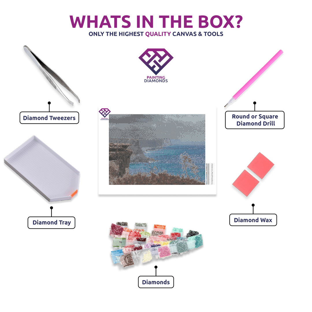 The Bight diamond painting canvas with tweezers, applicator pen, tray, wax and coloured drills