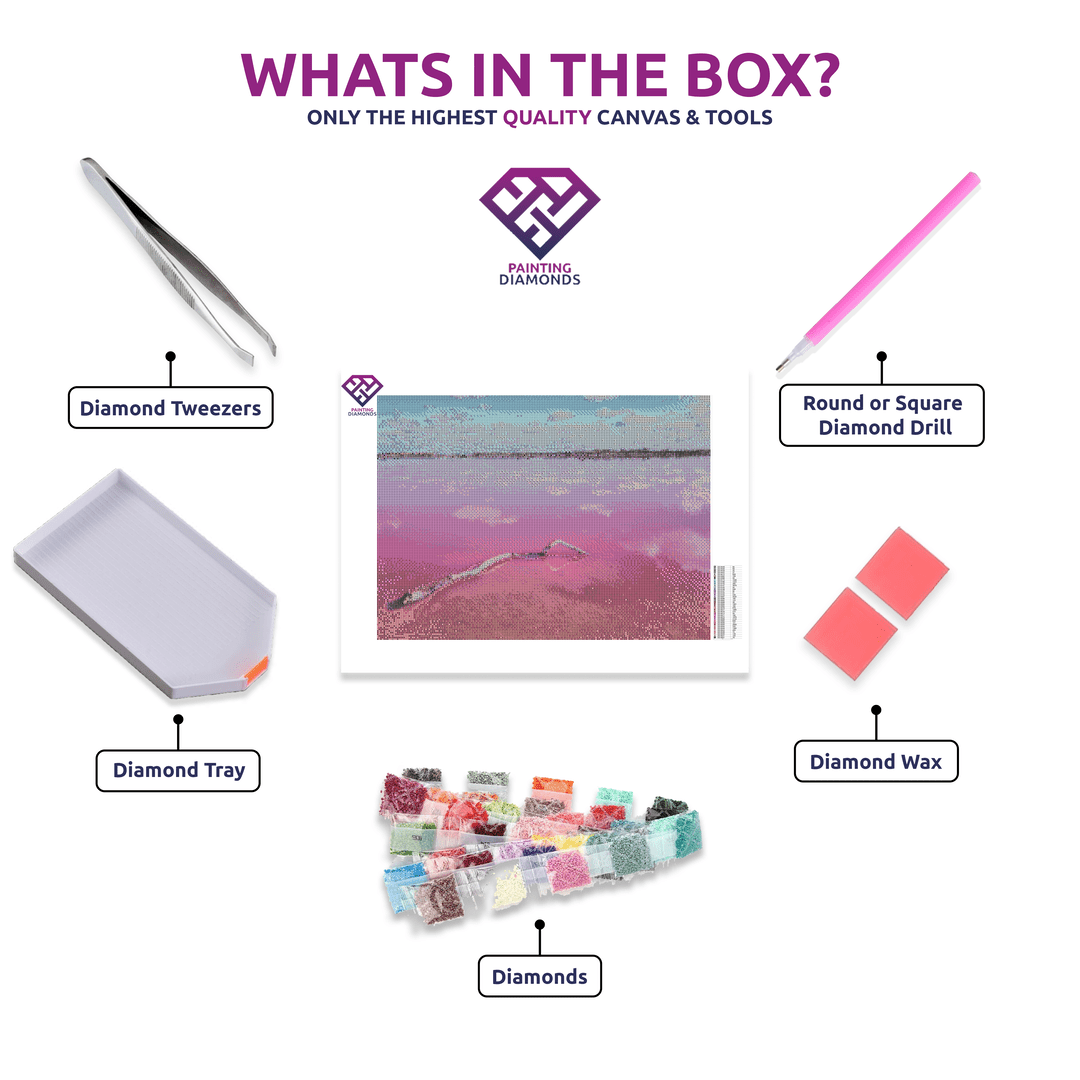 The Pink Lake diamond painting canvas with tweezers, applicator pen, tray, wax and coloured drills