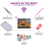 The Savannah diamond painting canvas with tweezers, applicator pen, tray, wax and coloured drills