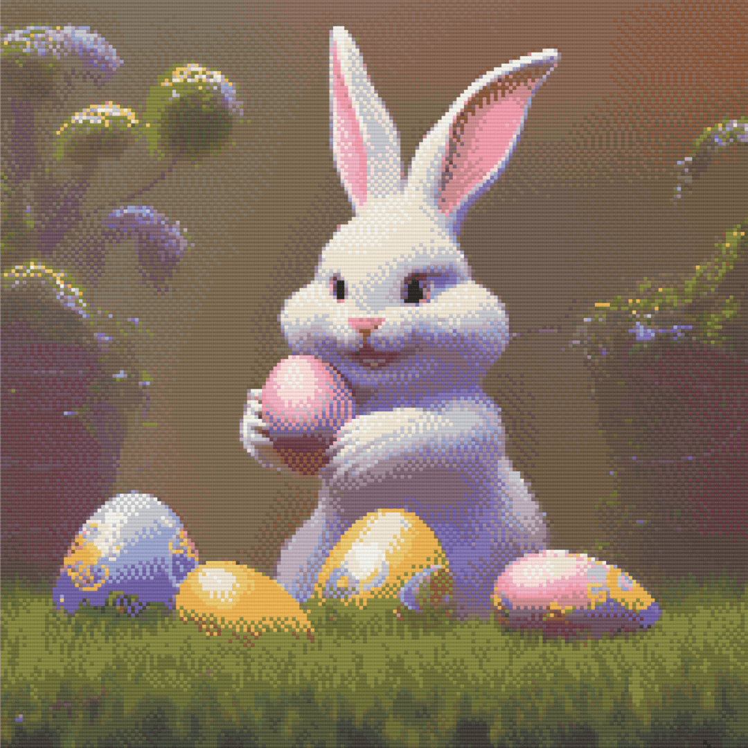 White Easter Bunny artwork shown as a completed diamond painting preview