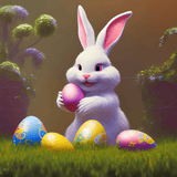 white anthropomorphic rabbit figure Standing upright and holding a pink egg-shaped object