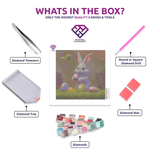 White Easter Bunny diamond painting canvas with tweezers, applicator pen, tray, wax and coloured drills