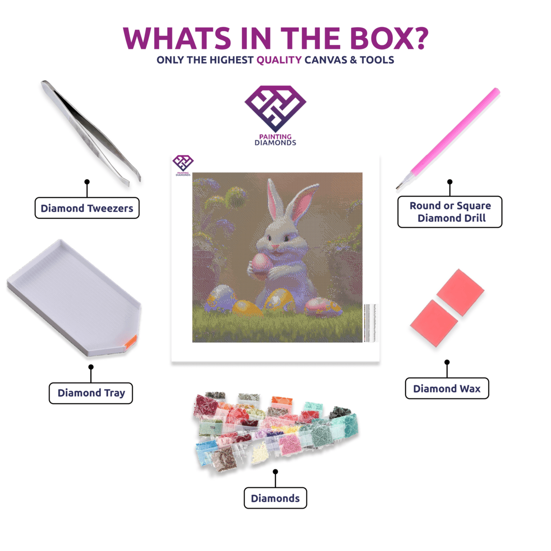 White Easter Bunny diamond painting canvas with tweezers, applicator pen, tray, wax and coloured drills